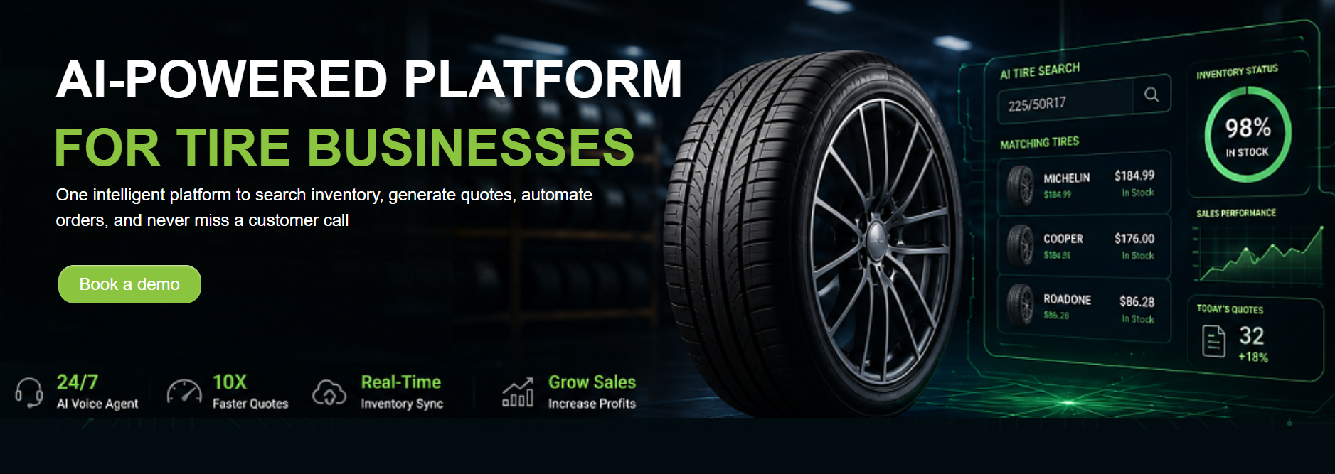 OpenAIBrains AI-powered tire search platform, a tire on a wheel beside vehicle search dashboard panels